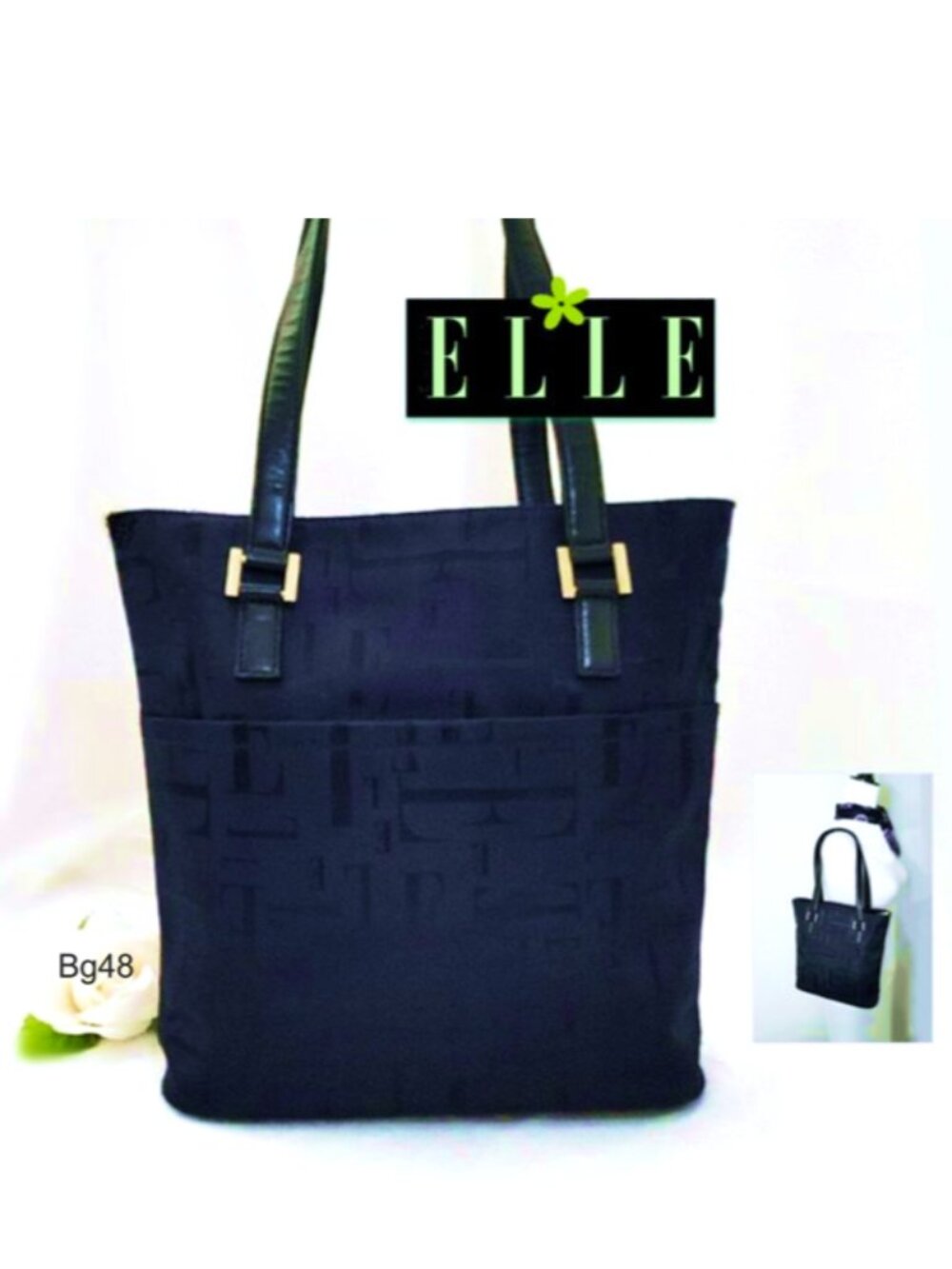 ELLE Paris Blue Nylon Tote Shoulder Bag Black Leather Handle Front Pocket ZipTop
